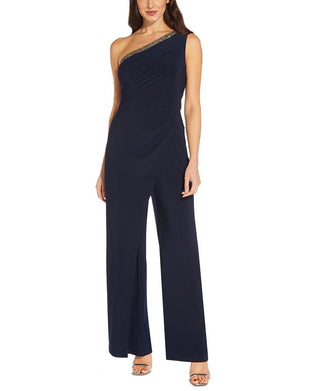 Adrianna Papell Women's Beaded One Shoulder Jersey Jumpsuit Blue Size 4