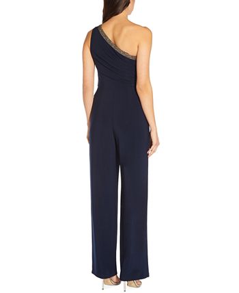 Adrianna Papell Women's Beaded One Shoulder Jersey Jumpsuit Blue Size 4