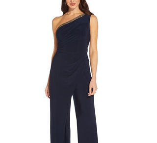 Adrianna Papell Women's Beaded One Shoulder Jersey Jumpsuit Blue Size 4