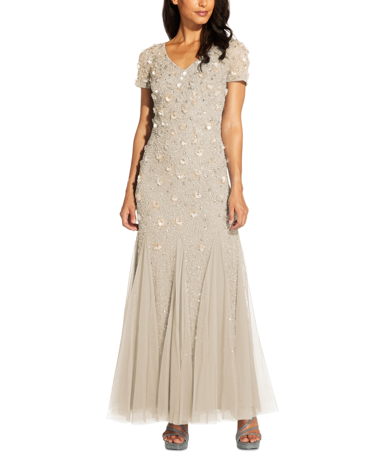 Adrianna Papell Women's Beaded Floral Gown Brown Size 2