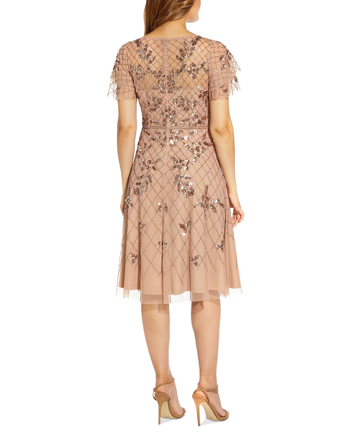 Adrianna Papell Women's Beaded Flutter Sleeve Dress Brown Size 4