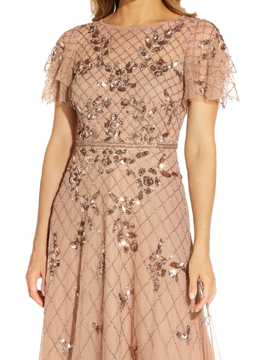 Adrianna Papell Women's Beaded Flutter Sleeve Dress Brown Size 4