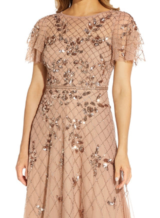 Adrianna Papell Women's Beaded Flutter Sleeve Dress Brown Size 4