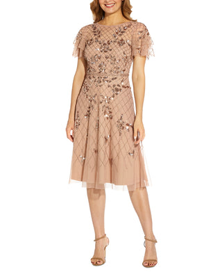 Adrianna Papell Women's Beaded Flutter Sleeve Dress Brown Size 4