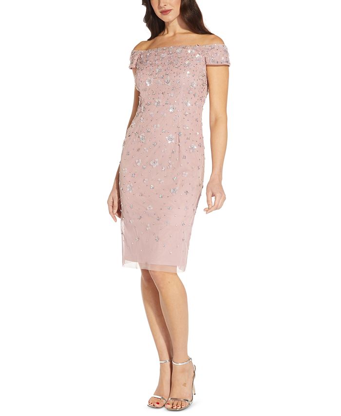 Adrianna Papell Women's Off The Shoulder Embellished Dress Pink Size 14