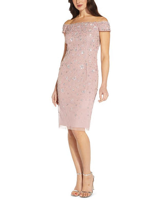 Adrianna Papell Women's Off The Shoulder Embellished Dress Pink Size 14