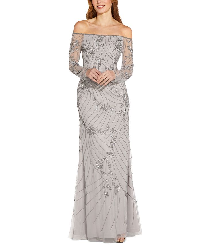 Adrianna Papell Women's Off The Shoulder Evening Gown Gray Size 12