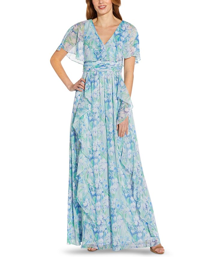 Adrianna Papell Women's Floral Print Chiffon Gown Blue Size 2