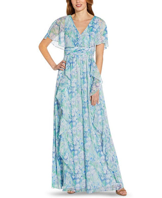 Adrianna Papell Women's Floral Print Chiffon Gown Blue Size 2