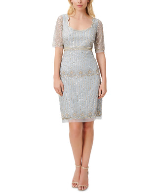 Adrianna Papell Women's Beaded Elbow Sleeve Cocktail Dress Blue Size 12