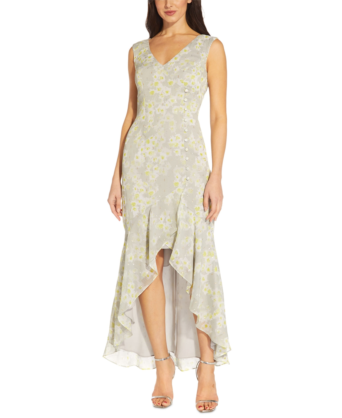 Adrianna Papell Women's Printed High Low Sleeveless Gown Gray Size 12