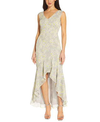 Adrianna Papell Women's Printed High Low Sleeveless Gown Gray Size 12