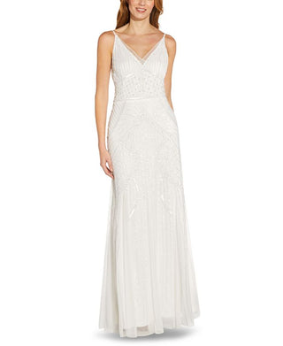 Adrianna Papell Women's V Neck Beaded Gown White Size 2