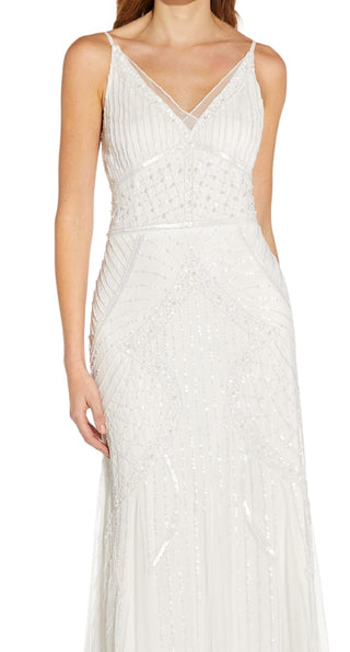 Adrianna Papell Women's V Neck Beaded Gown White Size 2