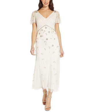 Adrianna Papell Women's Beaded Flutter Sleeve Dress White Size 8