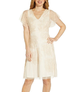 Adrianna Papell Women's Beaded Cocktail Dress Beige Size 16
