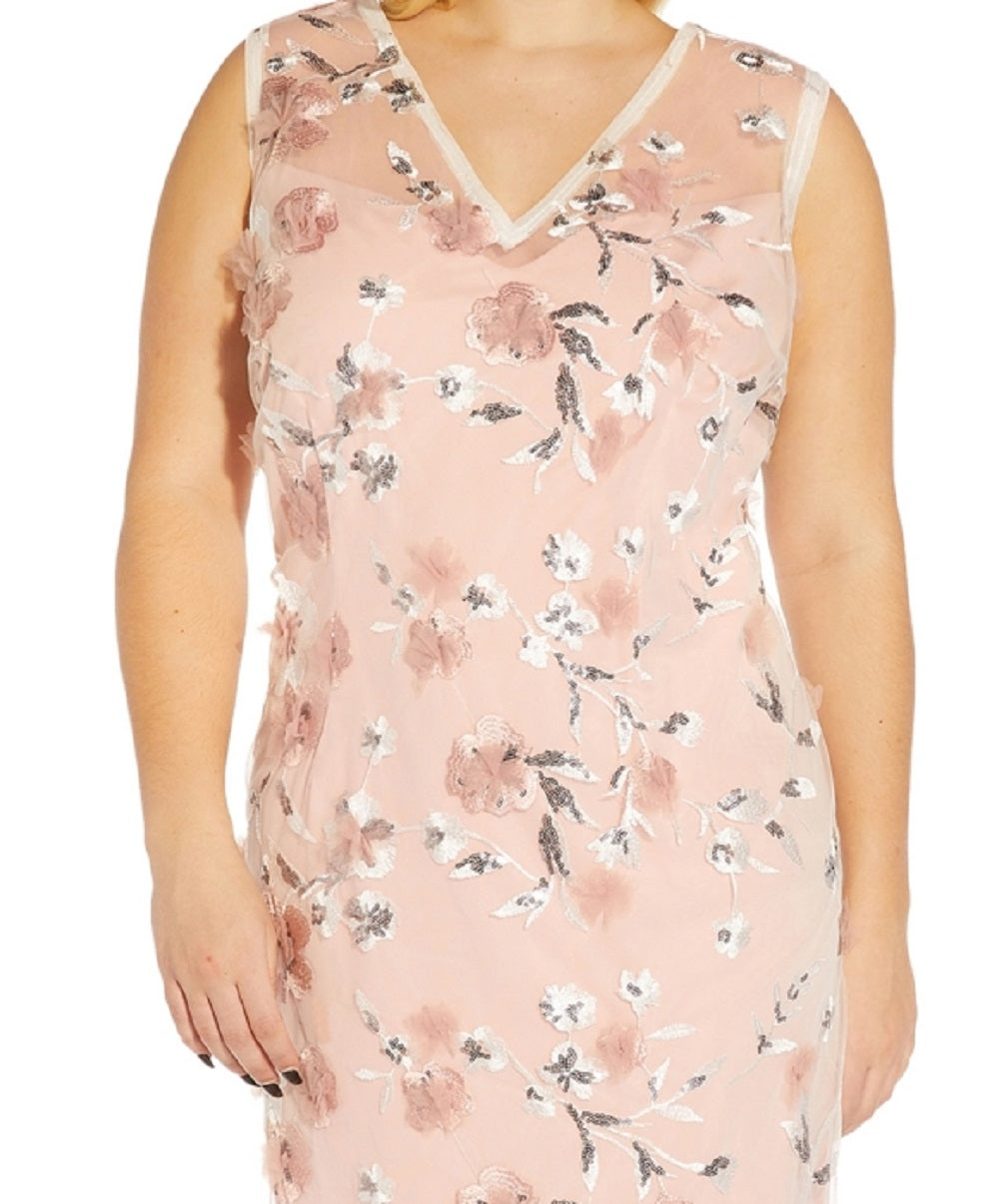 Adrianna Papell Women's Floral Applique Sequined Dress Brown Size 14W