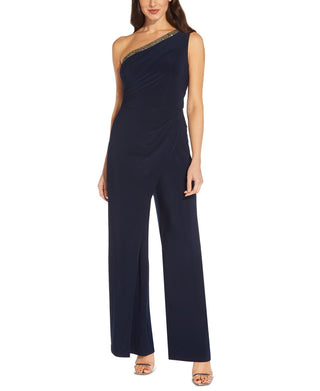 Adrianna Papell Women's Petite Embellished One Shoulder Jumpsuit Blue Size 8