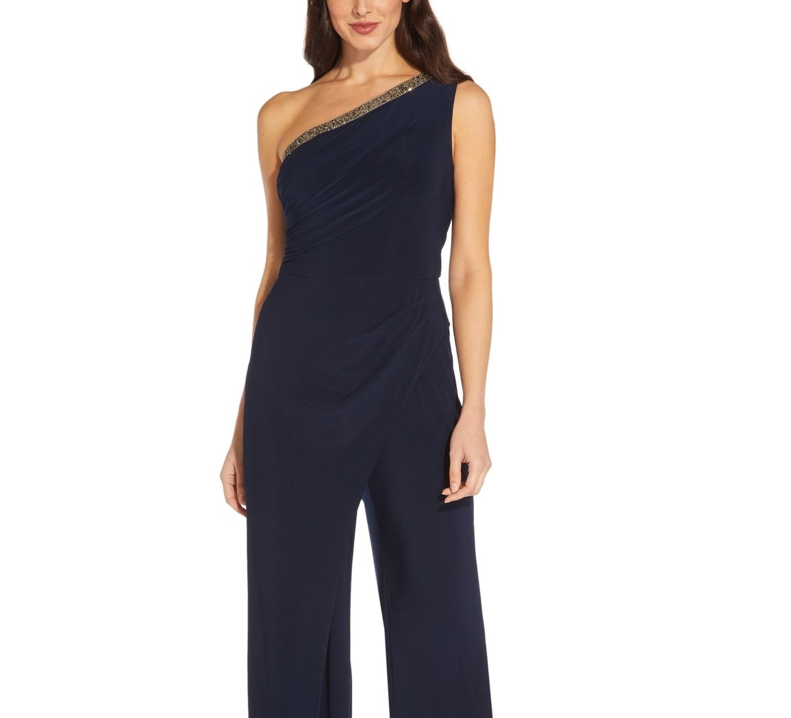 Adrianna Papell Women's Petite Embellished One Shoulder Jumpsuit Blue Size 8