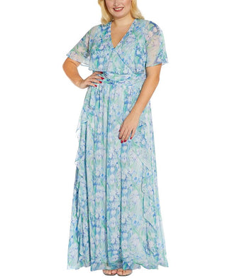 Adrianna Papell Women's Chiffon Capelet Gown Blue Size 24W