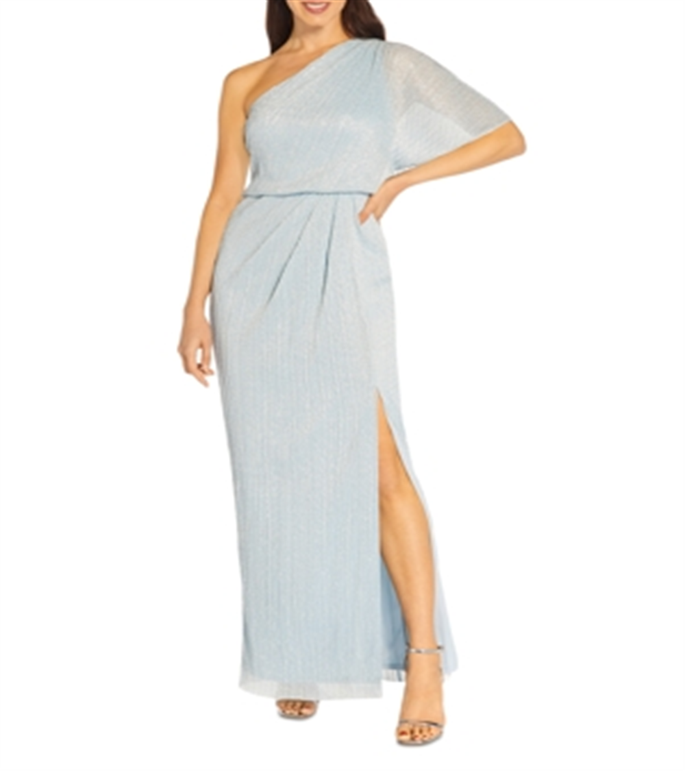 Adrianna Papell Women's Metallic Crinkle Mesh One Shoulder Gown Blue Size 8