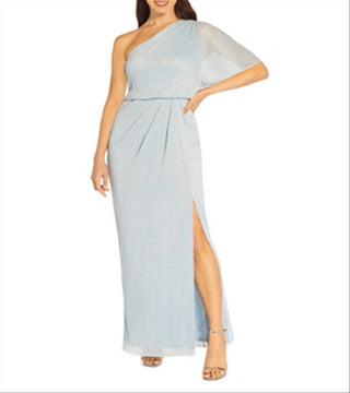 Adrianna Papell Women's Metallic Crinkle Mesh One Shoulder Gown Blue Size 8