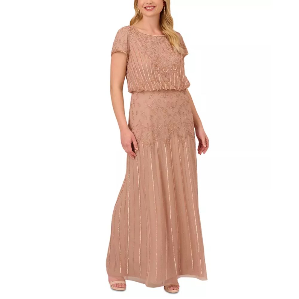 Adrianna Papell Women's Beaded Illusion Blouson Gown Brown Size 2Petite