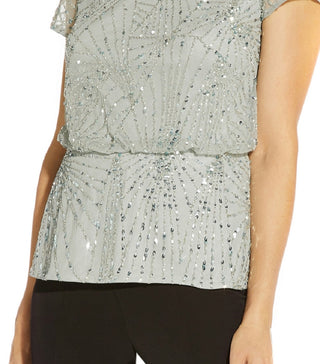 Adrianna Papell Women's Beaded Mesh Top Blue Size 4