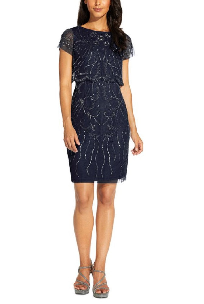 Adrianna Papell Women's Embellished Overlay Dress Blue Size 8