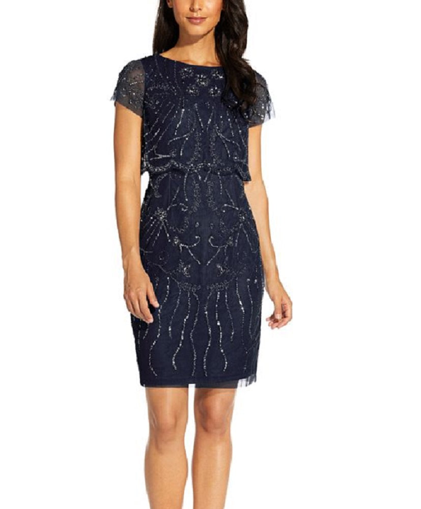 Adrianna Papell Women's Embellished Overlay Dress Blue Size 8