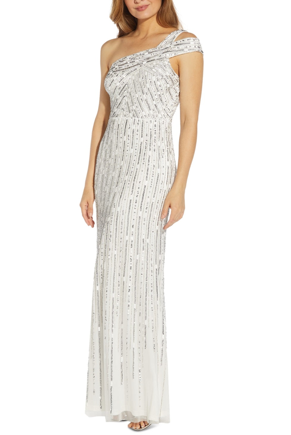 Adrianna Papell Women s One Shoulder Beaded Gown White Size 4 Steals