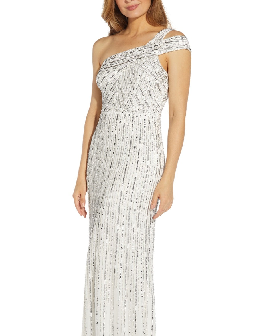 Adrianna Papell Women's One Shoulder Beaded Gown White Size 4