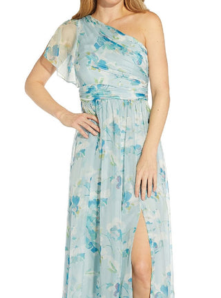 Adrianna Papell Women's Floral Print One Shoulder Gown Green Size 4