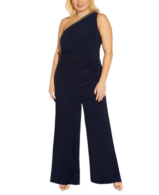 Adrianna Papell Women's One Shoulder Rhinestone Embellished Jumpsuit Blue Size 18W