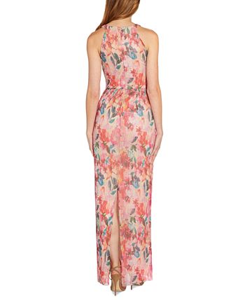 Adrianna Papell Women's Floral Metallic Pleated Halter Gown Brown Size 8