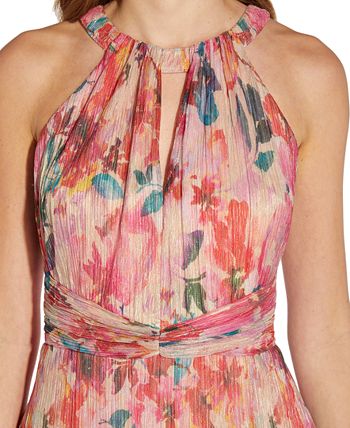 Adrianna Papell Women's Floral Metallic Pleated Halter Gown Brown Size 12