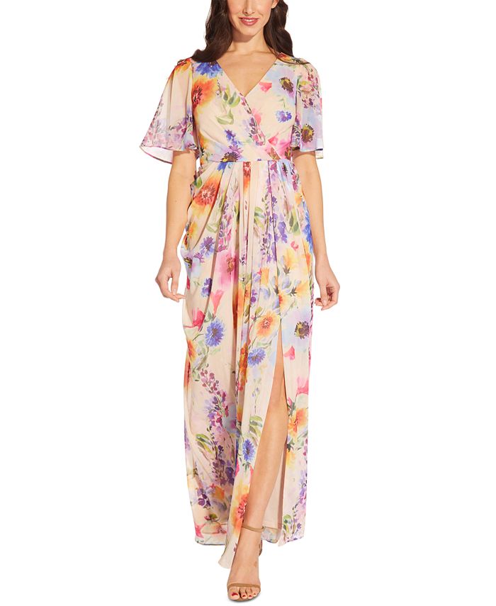 Adrianna Papell Women's Floral Print Chiffon Gown Brown Size 10