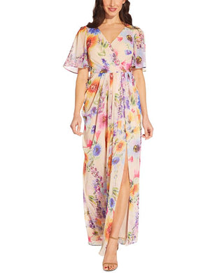 Adrianna Papell Women's Floral Print Chiffon Gown Brown Size 10