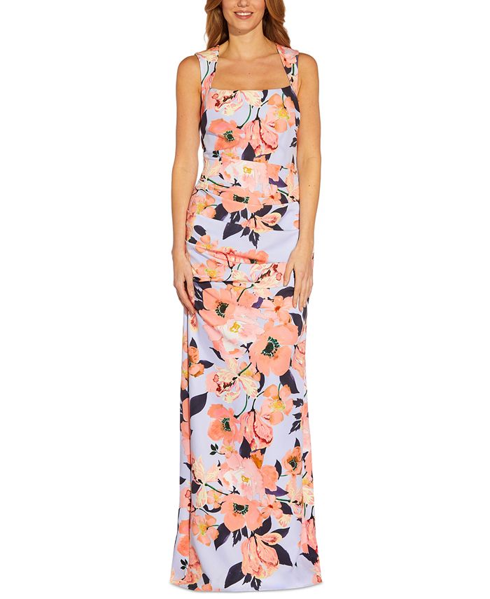 Adrianna Papell Women's Square Neck Floral Print Gown Blue Size 12