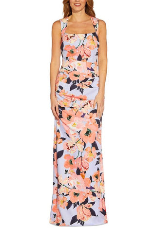 Adrianna Papell Women's Square Neck Floral Print Gown Blue Size 14