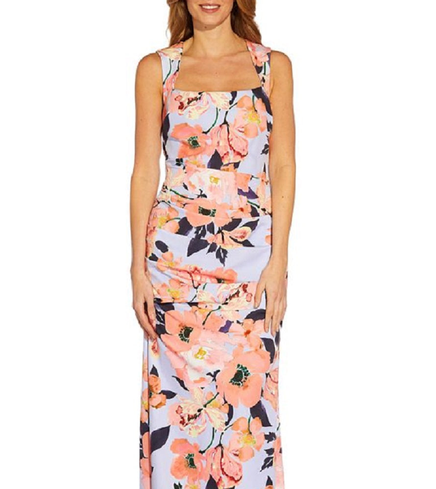 Adrianna Papell Women's Square Neck Floral Print Gown Blue Size 14