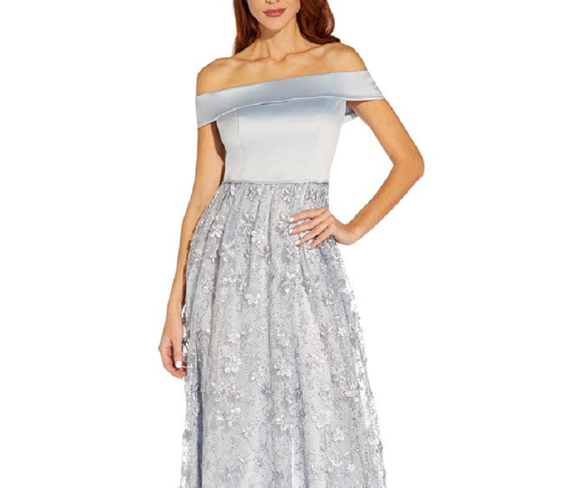 Adrianna Papell Women's Embroidered Floral Off The Shoulder Gown Blue Size 8