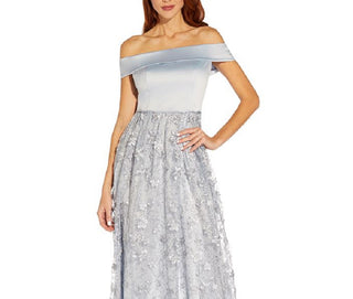 Adrianna Papell Women's Embroidered Floral Off The Shoulder Gown Blue Size 8