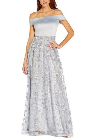 Adrianna Papell Women's Embroidered Floral Off The Shoulder Gown Blue Size 12