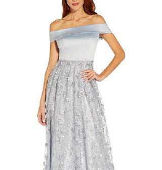Adrianna Papell Women's Embroidered Floral Off The Shoulder Gown Blue Size 12