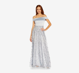 Adrianna Papell Women's Embroidered Floral Off The Shoulder Gown Blue Size 16