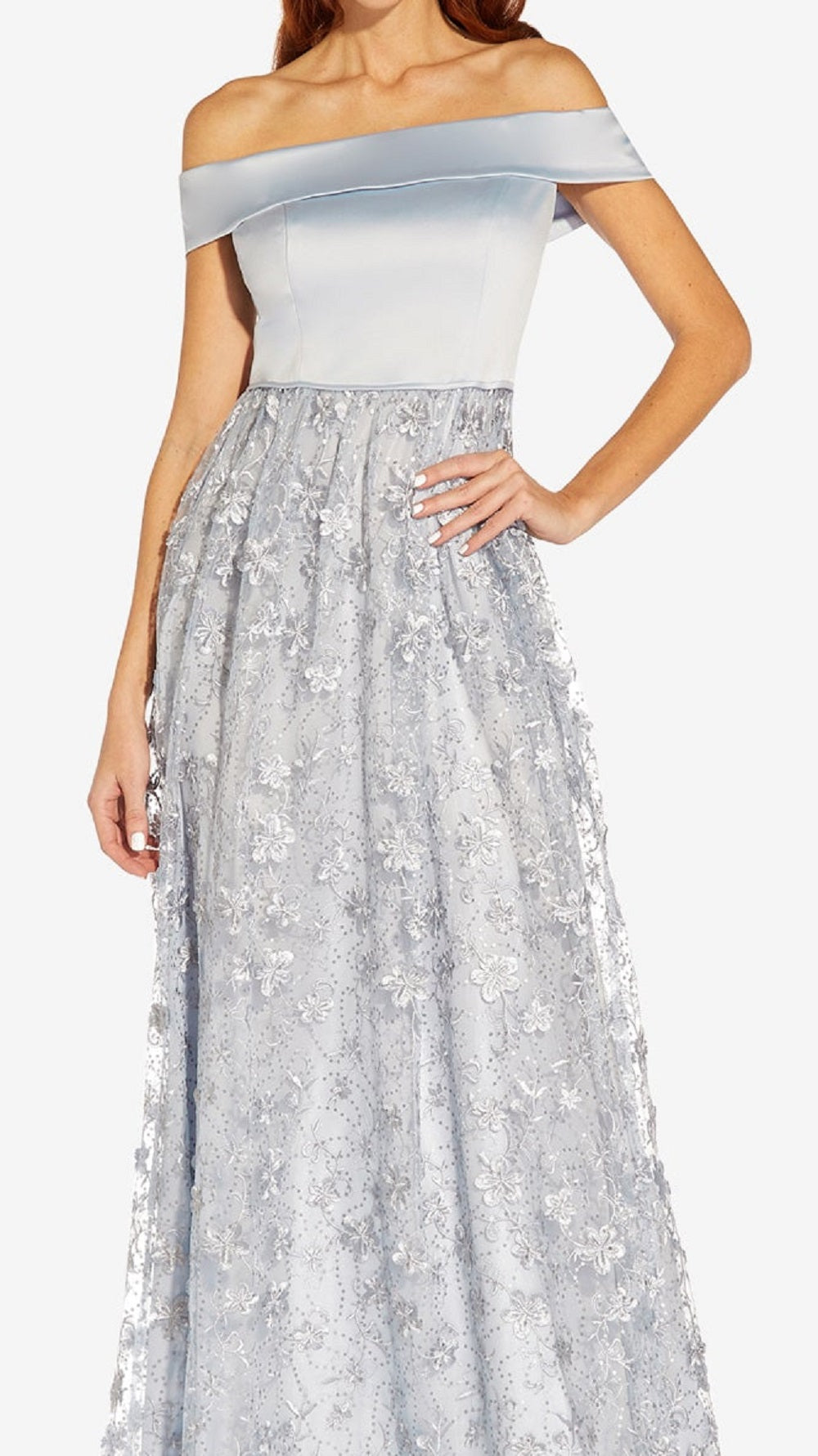 Adrianna Papell Women's Embroidered Floral Off The Shoulder Gown Blue Size 16