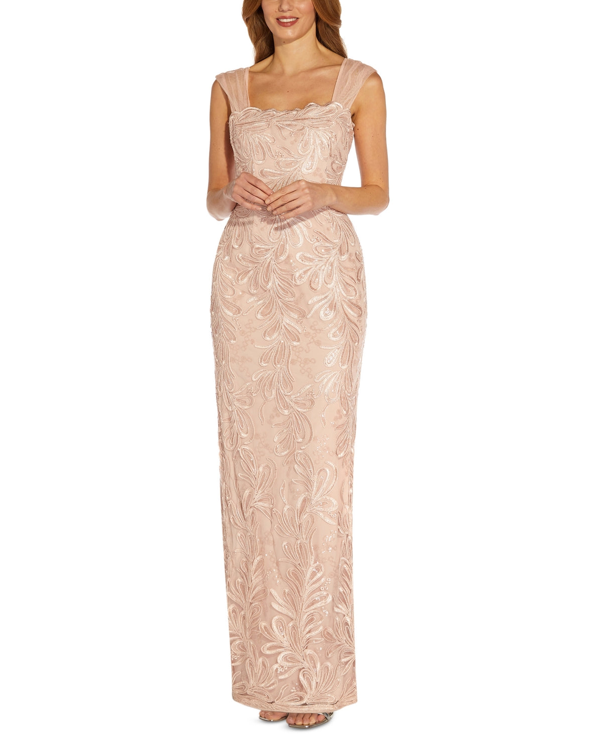 Adrianna Papell Women's Square Neck Sleeveless Embroidered Zipper Back Sit Back Mesh Dress Pink Size 0