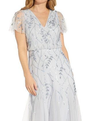 Adrianna Papell Women's Blouson Beaded Midi Dress Blue Size 14