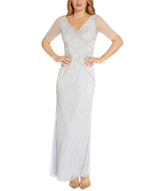 Adrianna Papell Women's V Neck Beaded Gown Blue Size 8